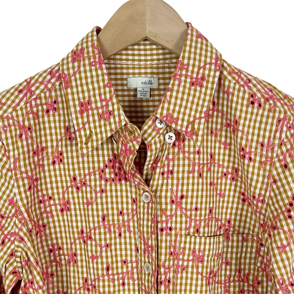 Anthropologie Odille Gingham Eyelet Button Down Shirt Tan Pink Size 0 - Picture 4 of 6